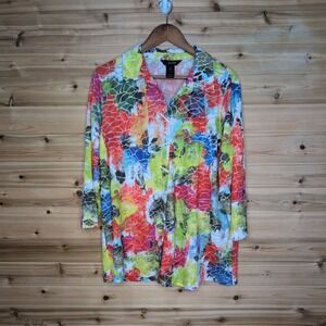 Ali Miles Womens 1X Abstract Burnout Tunic Button Front 3/4‎ Sleeve Multi-Color